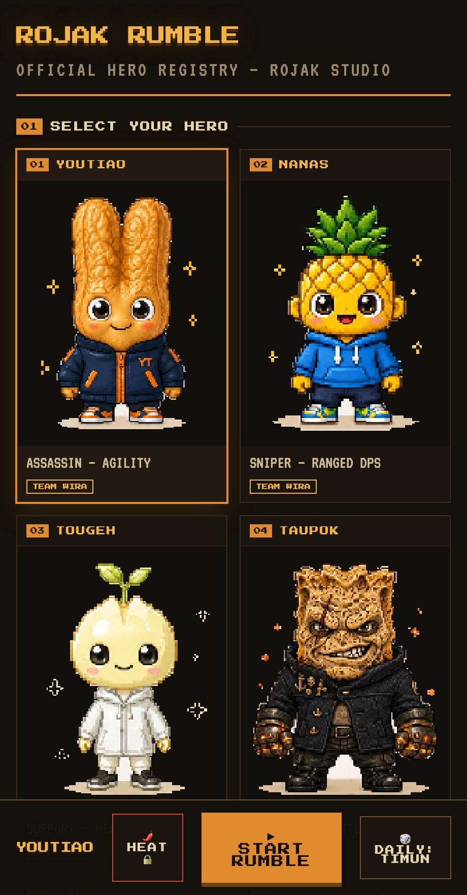 Rojak Rumble running in a phone browser — the hero registry select screen with Youtiao, Nanas, Tougeh and Taupok pixel characters and a Start Rumble button
