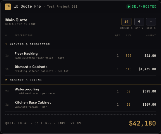 ID Quote Pro — line-by-line renovation quote with live totals